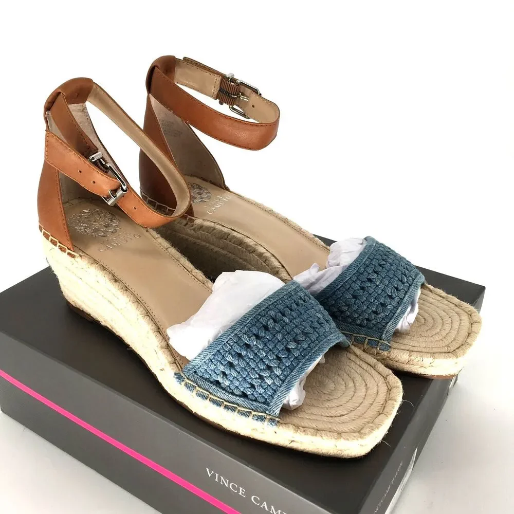 NIB Vince Camuto Jellisa Espadrille Wedge Sandal Light Blue/Barn Brown Size 10